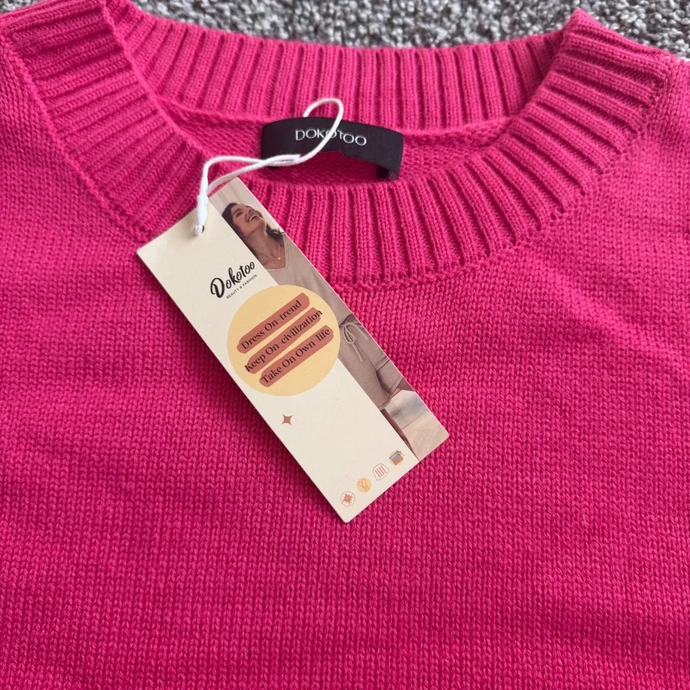 Dokotoo Sweater L Crewneck Contrast Stripe Acrylic Blend Relaxed Pink NEW
